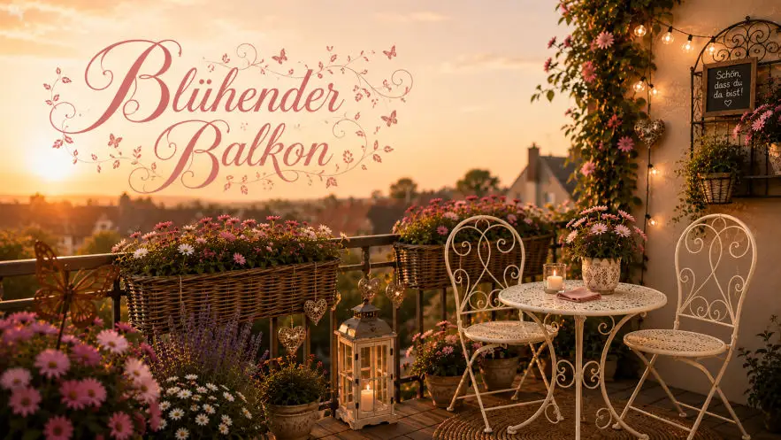 Bild zeigt einen Balkon mit blühenden Pflanzen, Laternen und einer Sitzgruppe