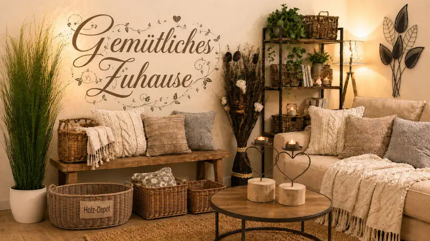 Bild zeigt einen Wohnbereich mit Sofa, Kissen, Tisch, Kunstpflanzen, einem Regal und Aufbewahrungskörben